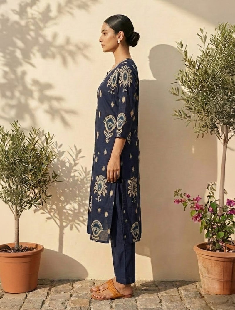 trueBrowns طقم كورتا بنطال دوباتا مزين بتطريز أزرق من trueBrowns مع ياقة على شكل V - Image 3